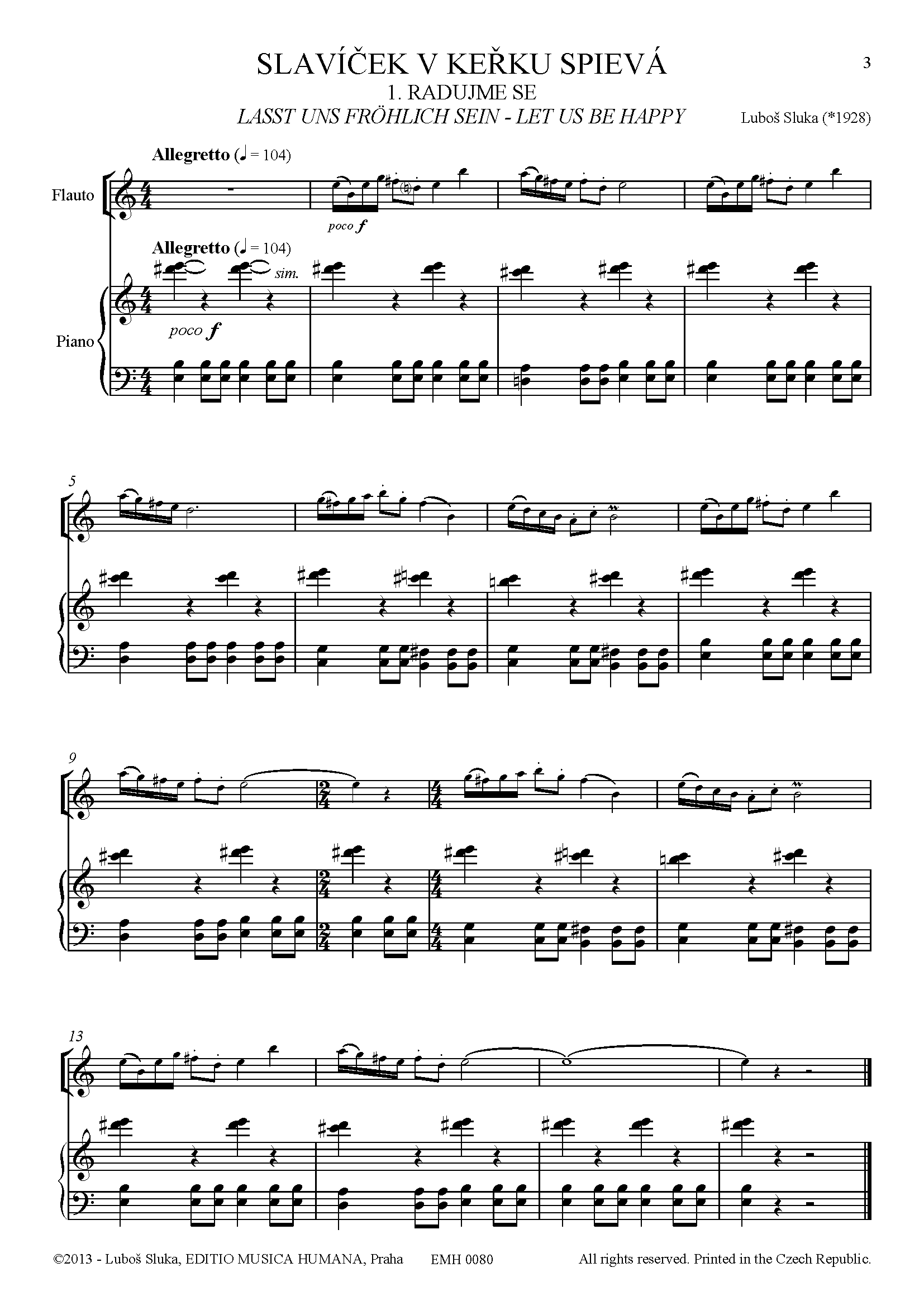 Editio Musica Humana Slavíček v keřku noty flétna klavír