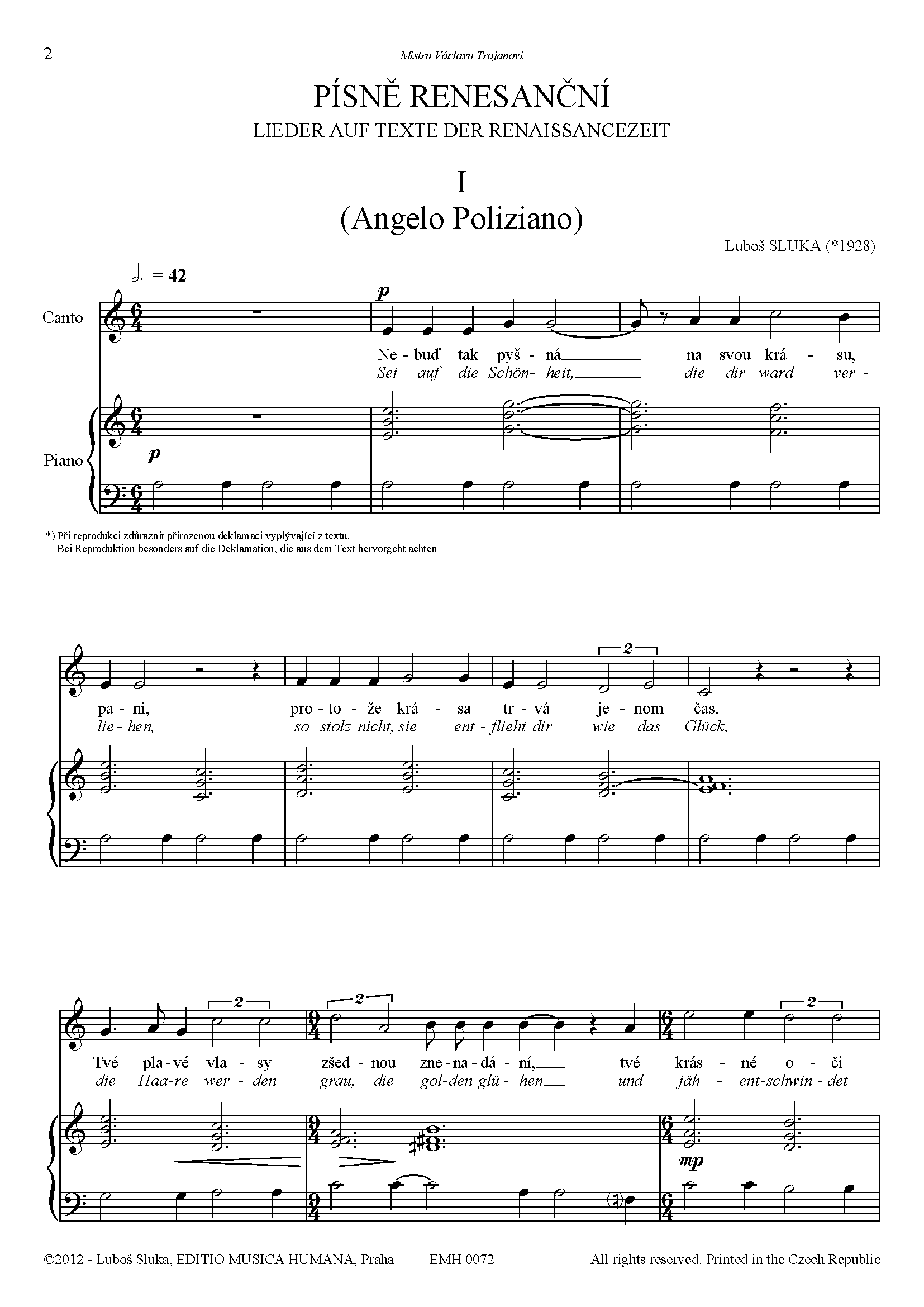Editio Musica Humana Písně renesanční noty pro střední hlas a klavír