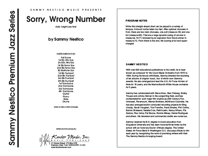 Kendor Music Sorry, Wrong Number partitura swing