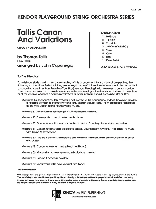 Kendor Music Tallis Canon and Variations partitura smyčce