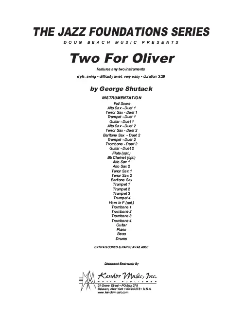 Kendor Music Two For Oliver partitura full score swing