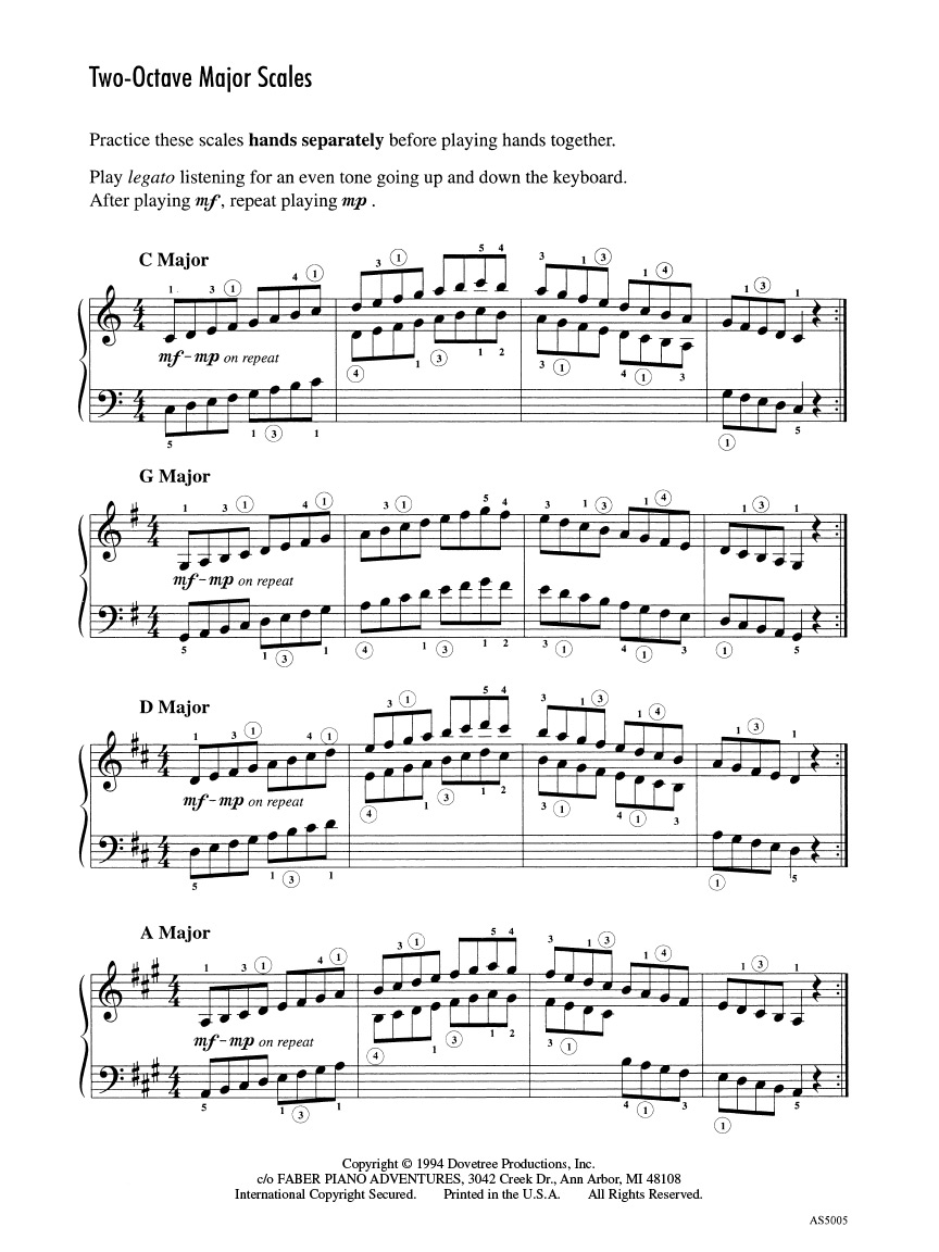 Faber Piano Adventures Skill Sheet No. 5 stupnice arpeggia list