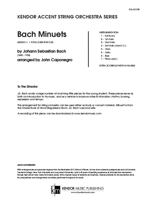 Kendor Music Bach Minuets Full Score partitura smyčce
