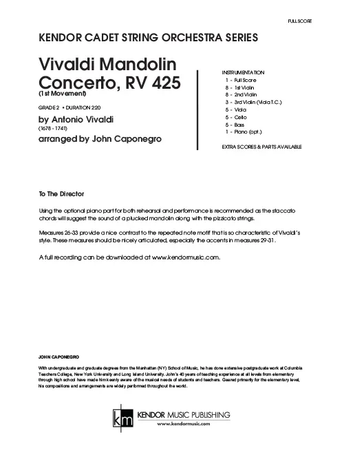 Kendor Music Vivaldi Mandolin Concerto RV 425 partitura
