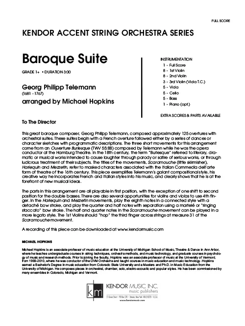 Kendor Music Baroque Suite partitura full score Telemann
