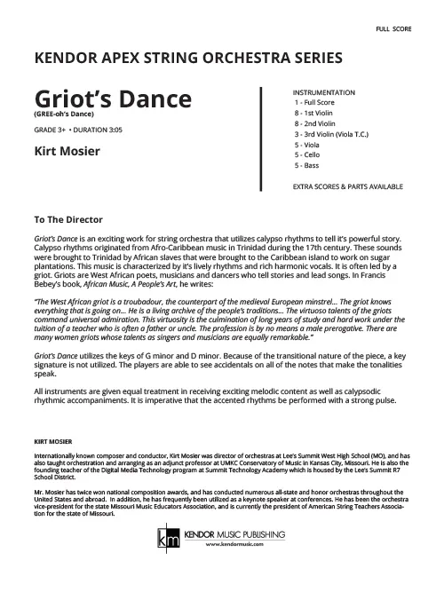 Kendor Music Griot's Dance partitura full score calypso