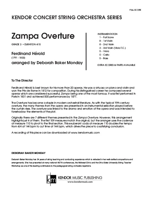 Kendor Music Zampa Overture partitura orchestr