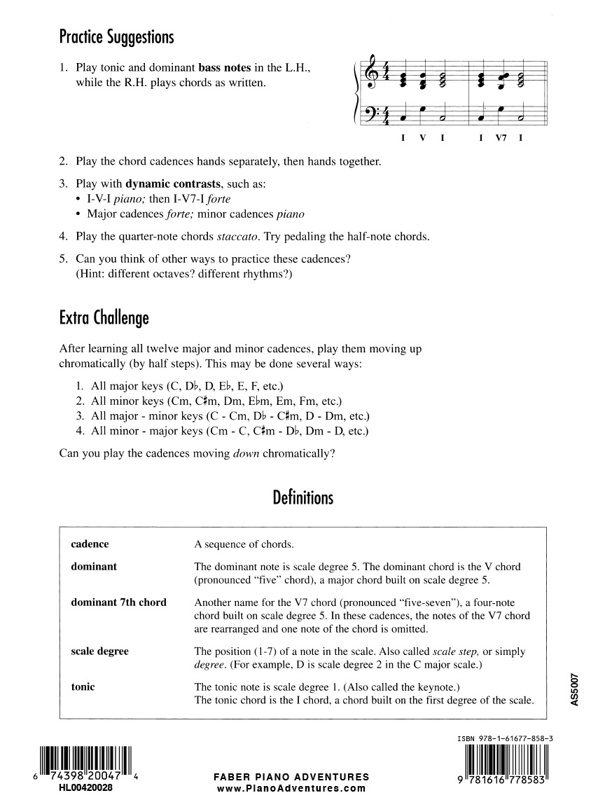 Faber Piano Adventures Achievement Skill Sheet No. 7 noty I-V-I kadence