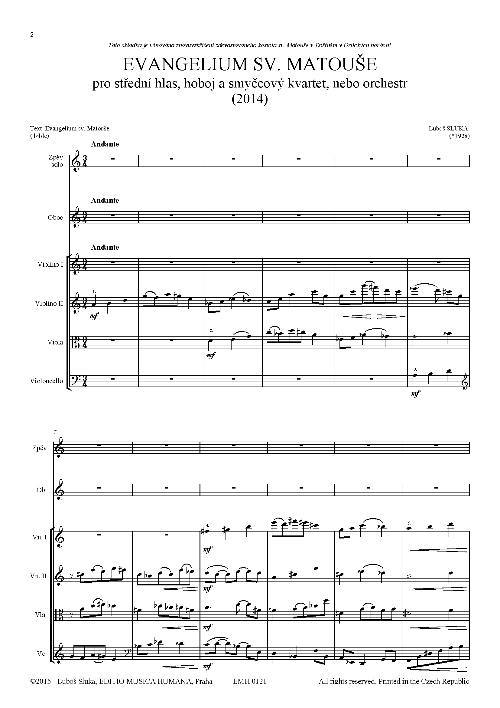 Editio Musica Humana Evangelium sv. Matouše noty hlas hoboj kvartet