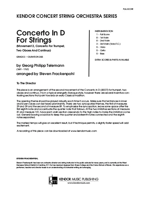 Kendor Music Concerto In D For Strings partitura smyčce