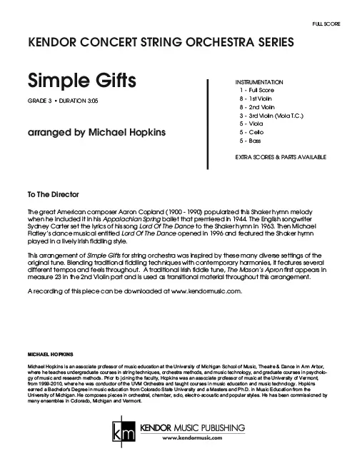 Kendor Music Simple Gifts noty Full Score pro orchestr