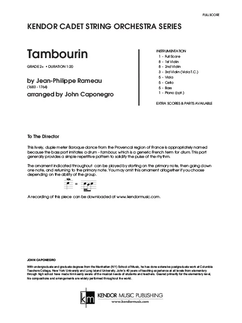 Kendor Music Tambourin partitura Full Score E moll