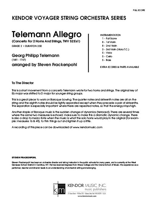 Kendor Music Telemann Allegro partitura full score baroko