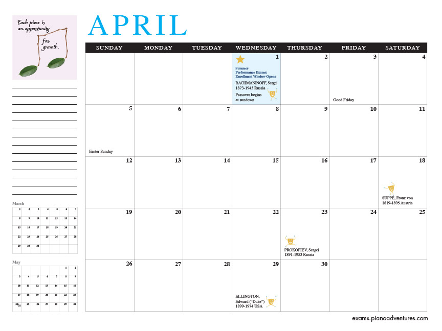 Faber Piano Adventures 2026 Exams Calendar kalendář 2026