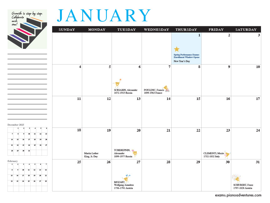 Faber Piano Adventures 2026 Exams Calendar kalendář 2026
